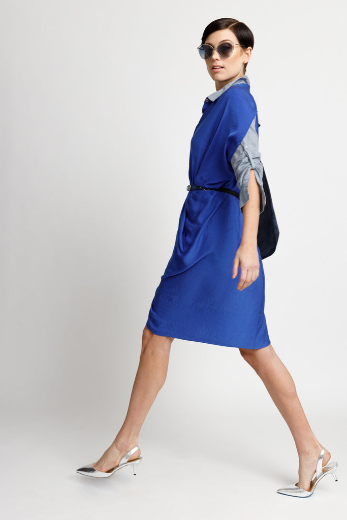 FORMERLY YAN Figure Flattering Button Down Shirt Dress with Cap Sleeves and Self Tie. Knee Length. Cobalt. Adjustable to Wear During and After Pregnancy. Nursing Friendly - Side View