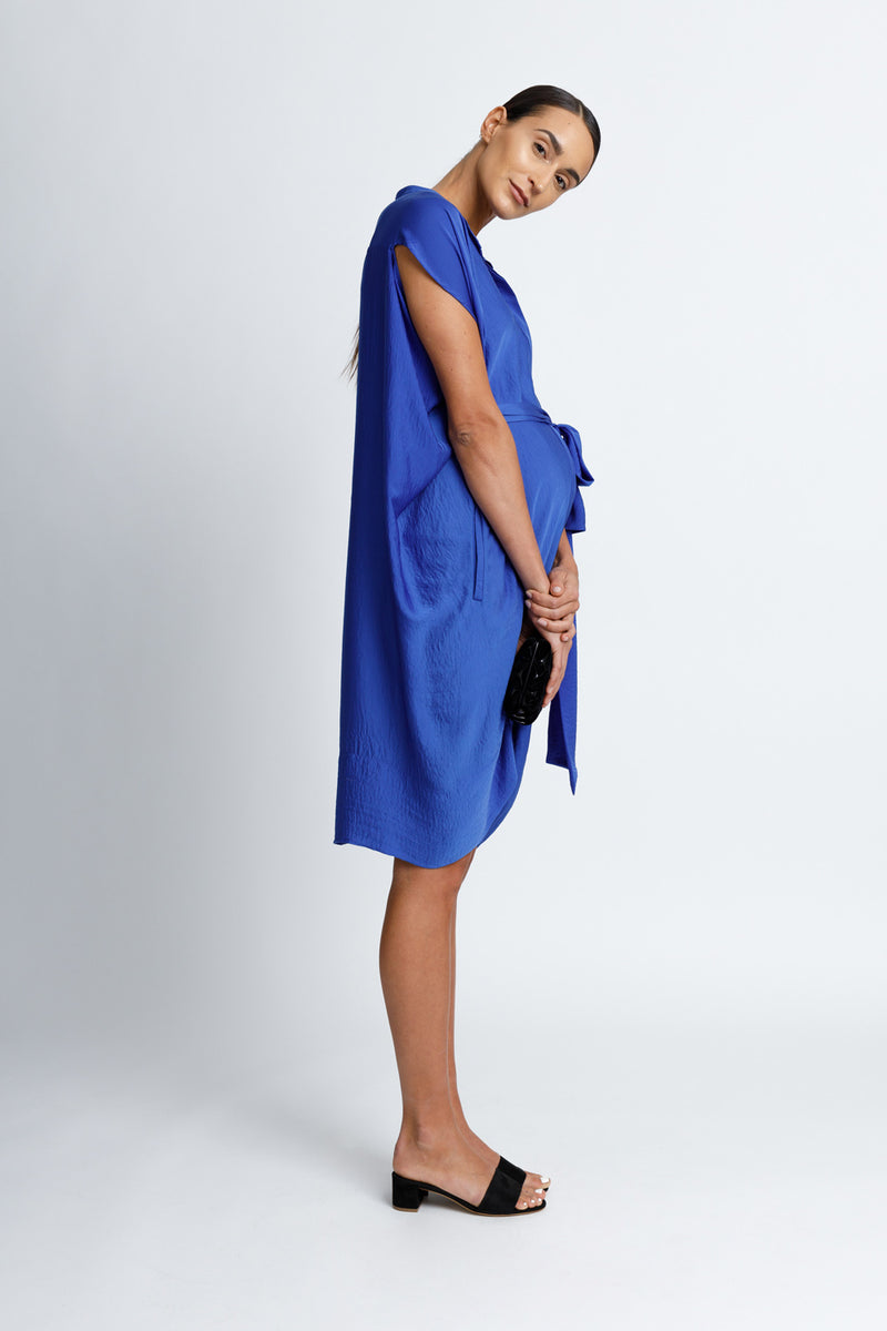 FORMERLY YAN Draped Button Down Shirt Dress - Cobalt