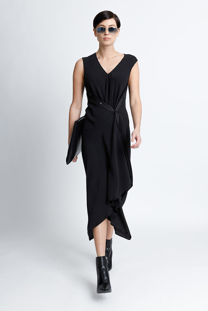 FORMERLY YAN Sleeveless V-Neck Midi Snap Dress With Asymmetrical Hem in Black Crepe Back Satin Convertible to Wear During Pregnancy or For Casual Vacation Style