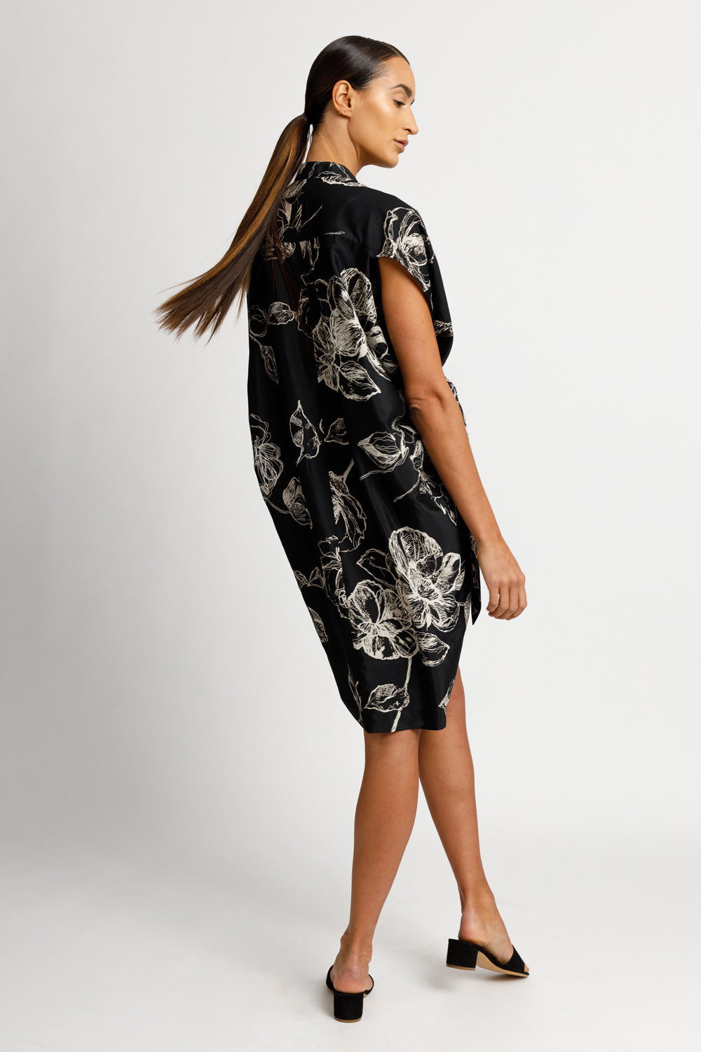 FORMERLY YAN Draped Button Down Shirt Dress - Black Floral FORMERLY YAN Draped Button Down Shirt Dress - Black Floral