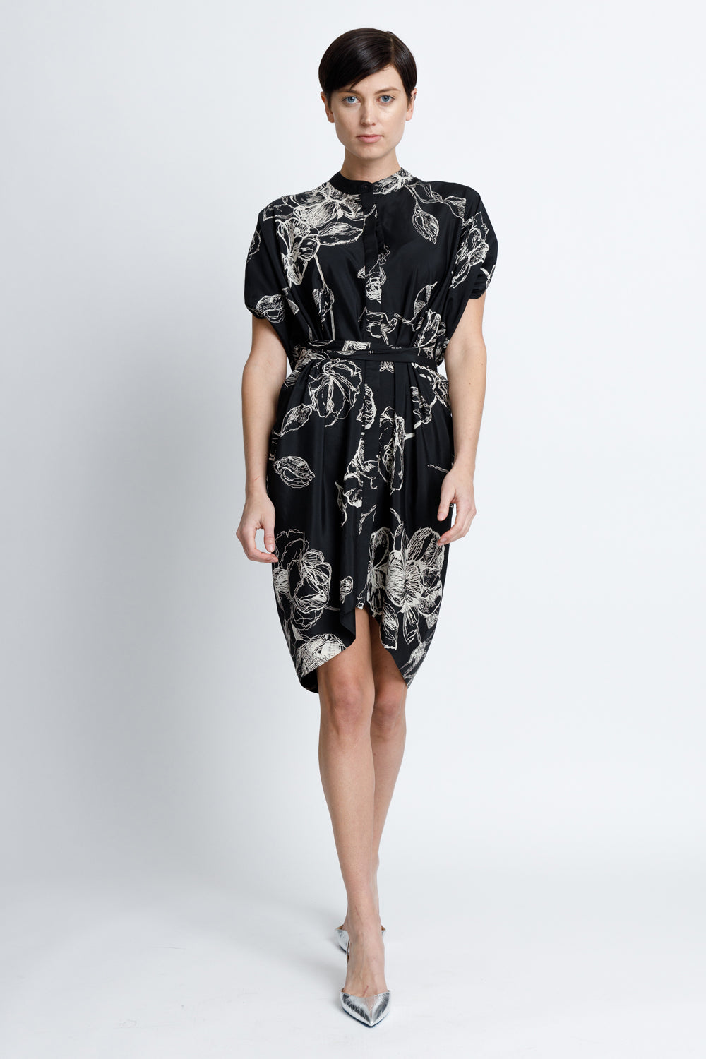 black shirt dress with flowers The Yankova Floral Shirt Dress in Black Medium