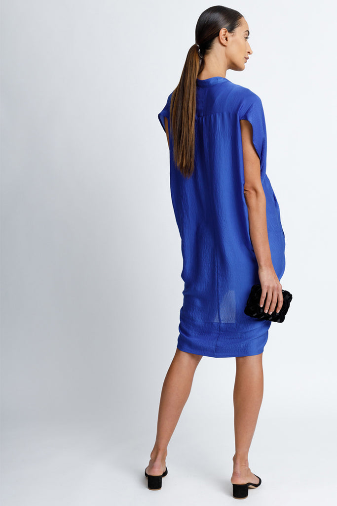 FORMERLY YAN Maternity Figure Flattering Button Down Shirt Dress with Cap Sleeves and Self Tie. Knee Length. Cobalt. Adjustable to Wear During and After Pregnancy. Nursing Friendly - Back View