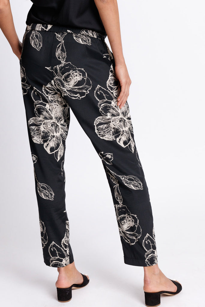 FORMERLY YAN Maternity Jogger Style Trouser Pants in Black Floral with Adjustable Drawstring and Silver Toggles. Tapered Ankle. Relaxed Fit. 
