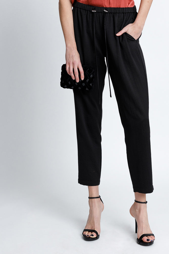 FORMERLY YAN Jogger Style Trouser Pants in Black with Adjustable Drawstring and Silver Toggles. Tapered Ankle. Relaxed Fit. 