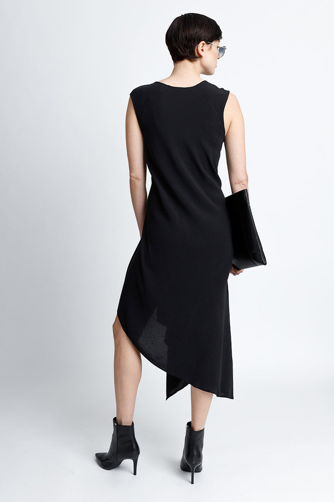 FORMERLY YAN Sleeveless V-Neck Midi Snap Dress With Asymmetrical Hem in Black Crepe Back Satin Convertible to Wear During Pregnancy