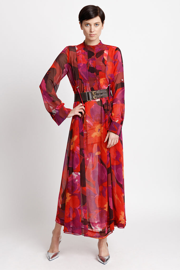 FORMERLY YAN Wear Everywhere Caftan Long Sleeve Maxi Dress in Red Floral. Adjustable Drawstring and Silver Toggles
